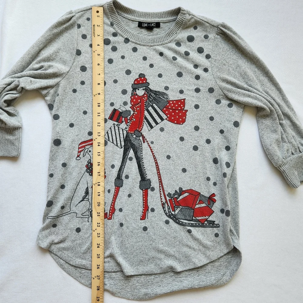 Holiday Sweater Girl & Dog Polka Dots Gray Studs Studded Whimsical Glam - Picture 14 of 16